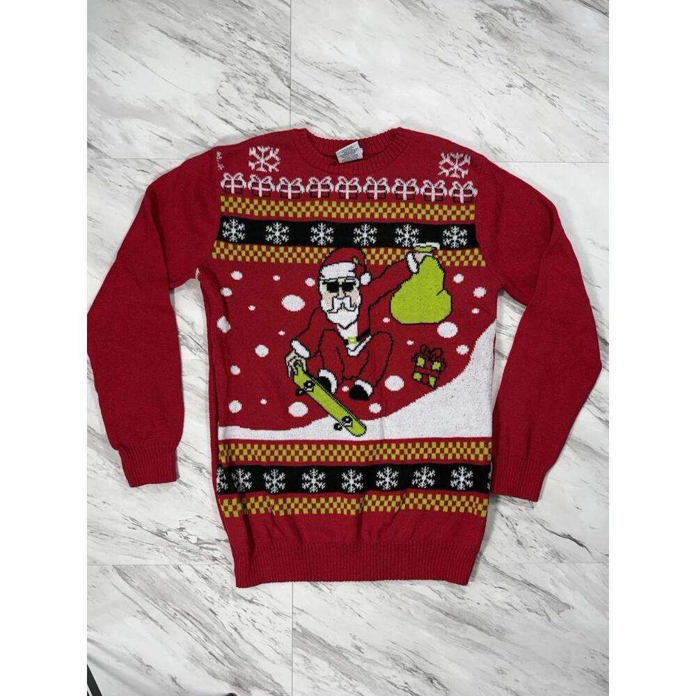 Well Worn Holiday Sweater Santa Snowboarding Red XL #8